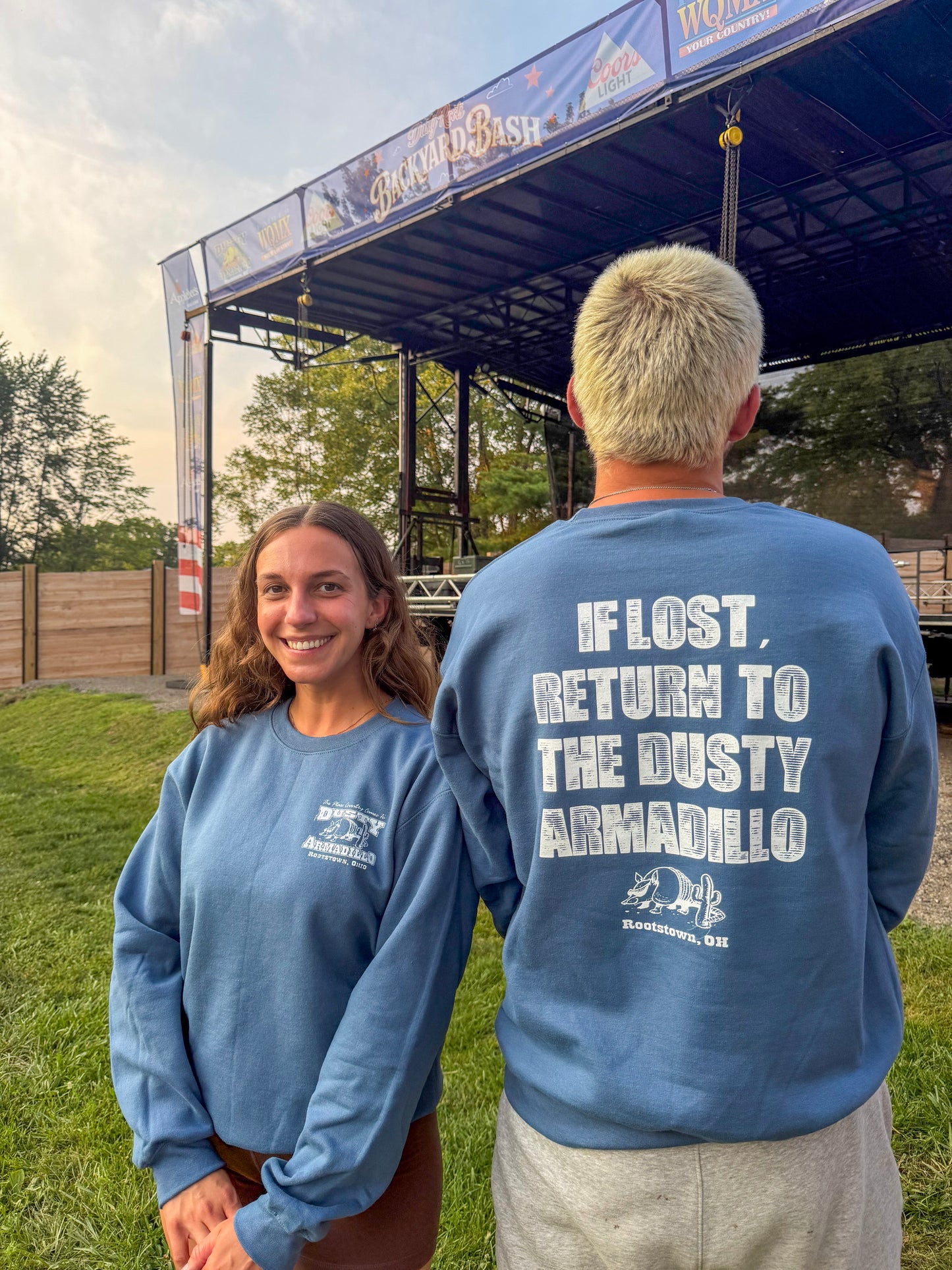 Blue Crewneck If Lost Return To The Dusty Armadillo