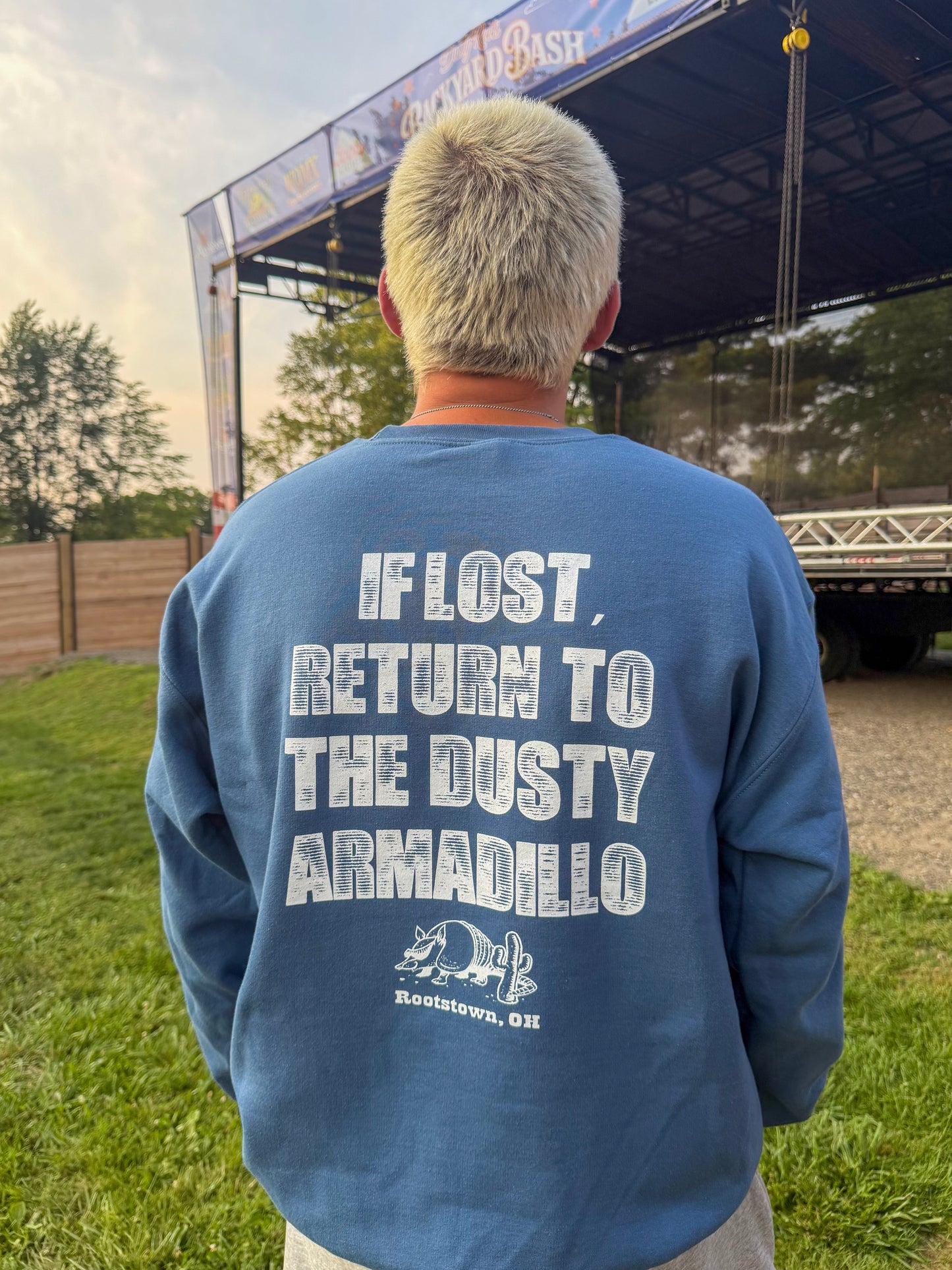 Blue Crewneck If Lost Return To The Dusty Armadillo